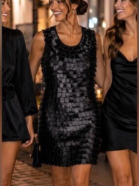 NWT Vertigo Black Satin Ribbon Textured Sleeveless Shift Dress Size Large